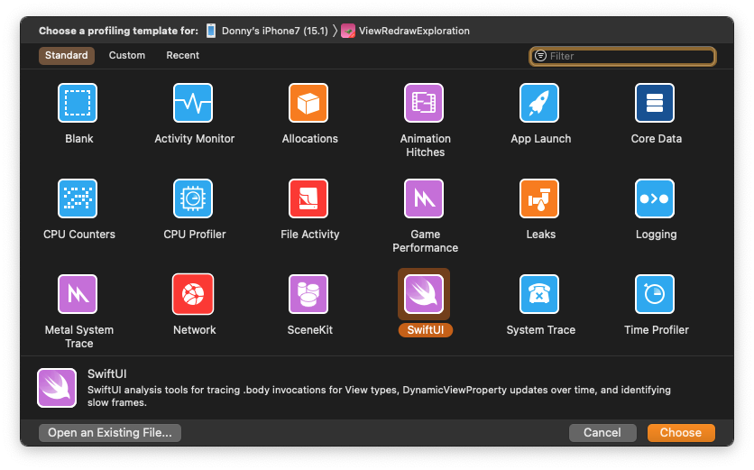 Instruments' template selection screen