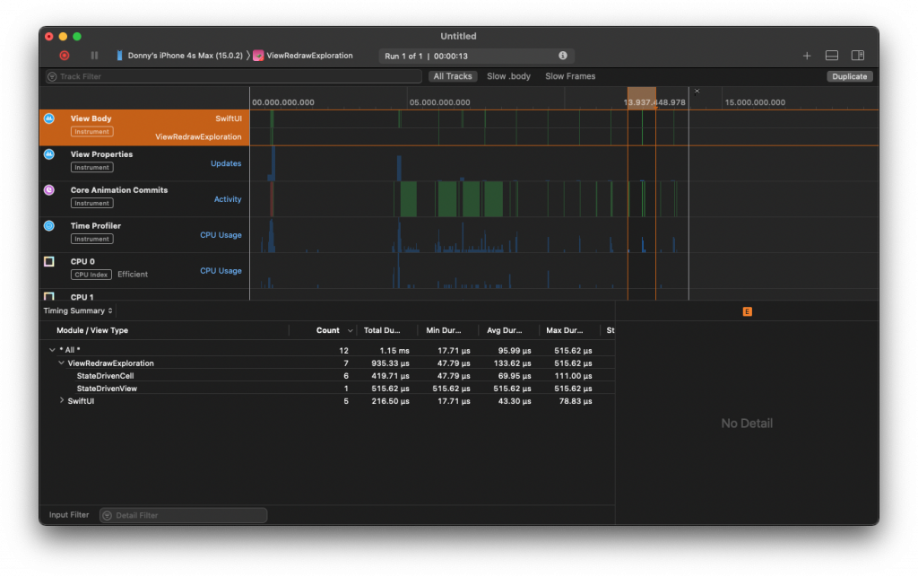 A screenshot of Instruments that shows 6 cells get re-evaluated