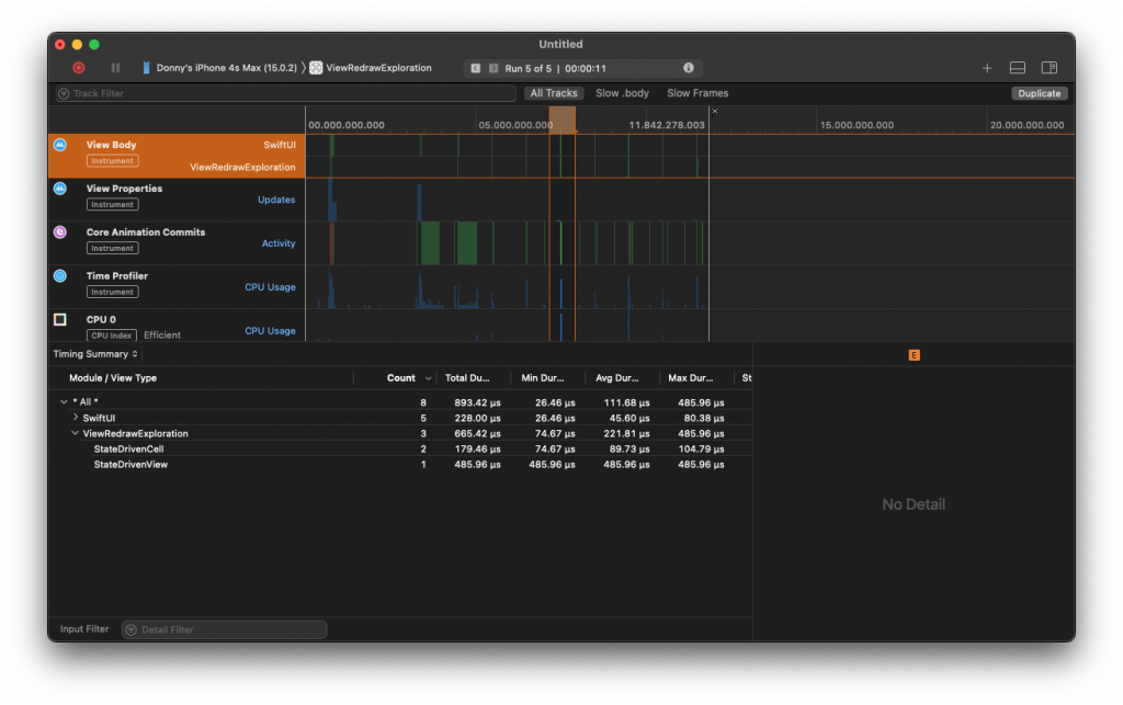 Instruments screenshot that shows 2 cells get re-evaluated when we don't change a non-visible property