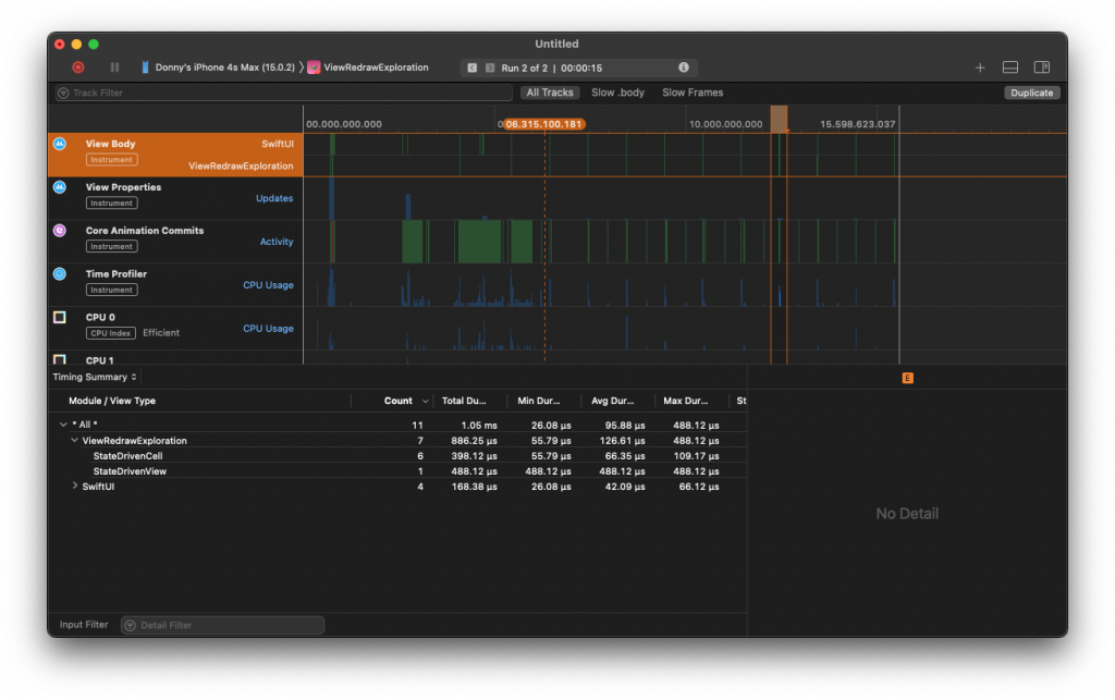 A screenshot of Instruments that shows 6 cells get re-evaluated