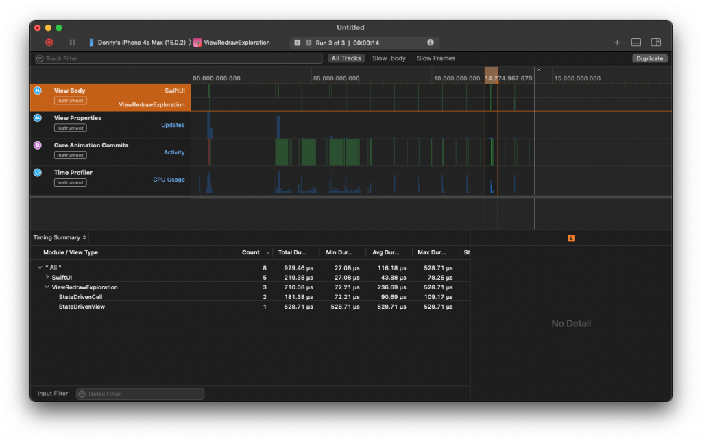 A screenshot of Instruments that shows 2 cells get re-evaluated with our updates in place