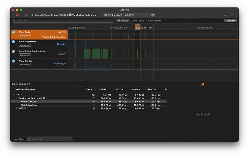 A screenshot of Instruments that shows 6 cells get re-evaluated