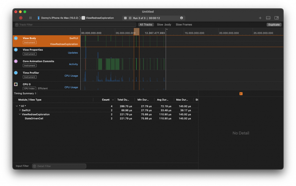 A screenshot of Instruments that shows 2 cells get re-evaluated and the list itself is not evaluated