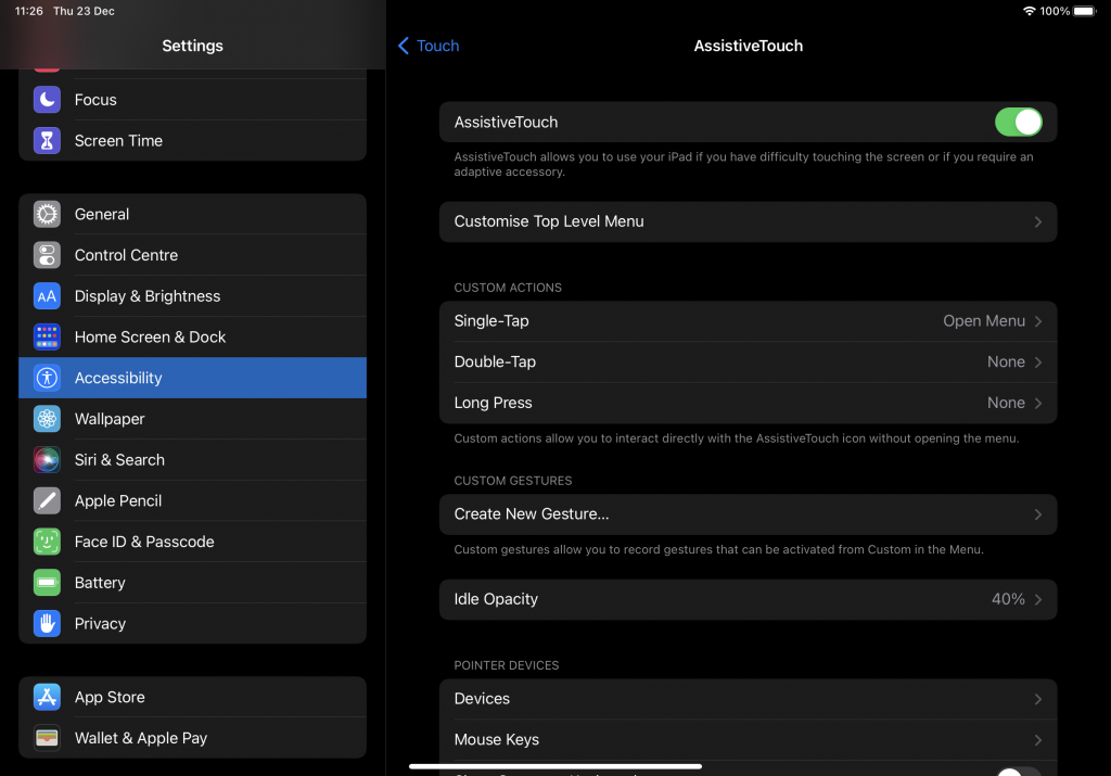 Settings window for accessibility -> touch -> assistive touch