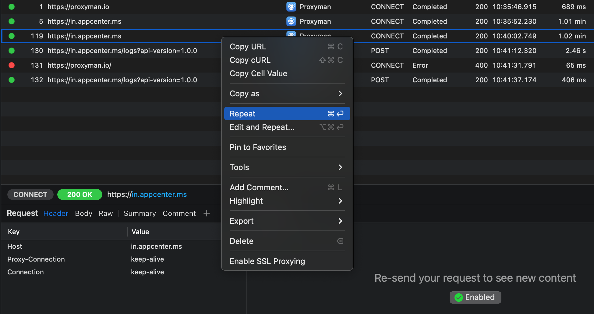 Repeat Request in Proxyman