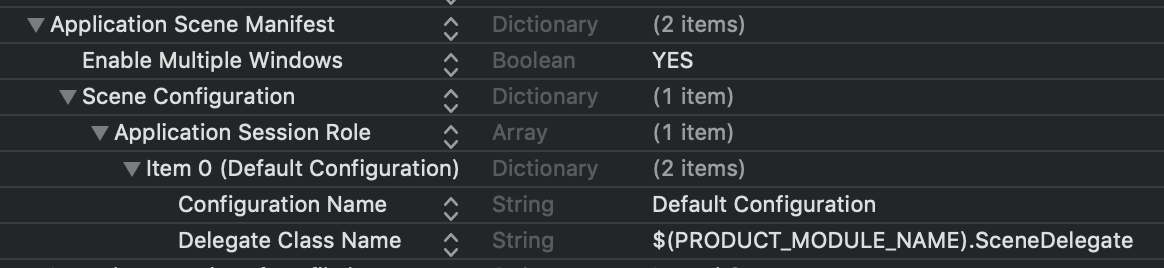 Screenshot of the Info.plist file's scene manifest