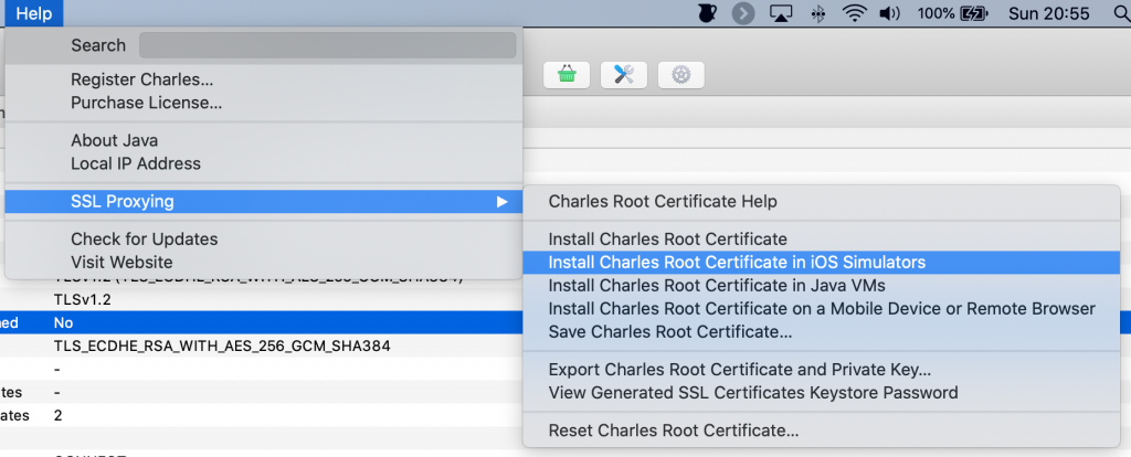 Installing root certificates for the simulator from the help menu