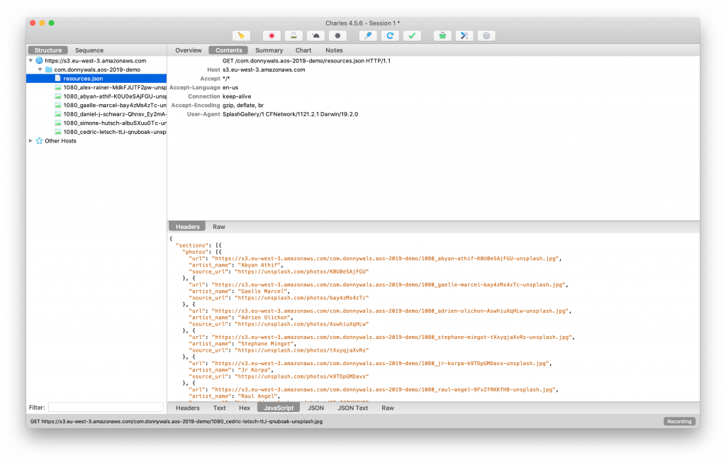 Example of network call details