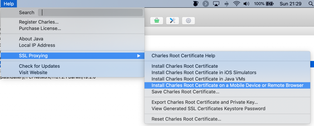 Help menu with install root certificate in remote browser or device selected