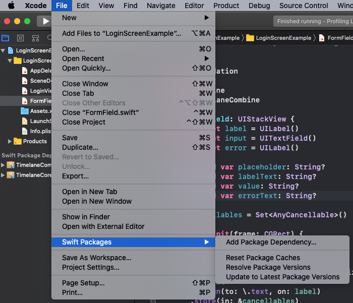 Screenshot of the Xcode menu to access Swift Package Manager