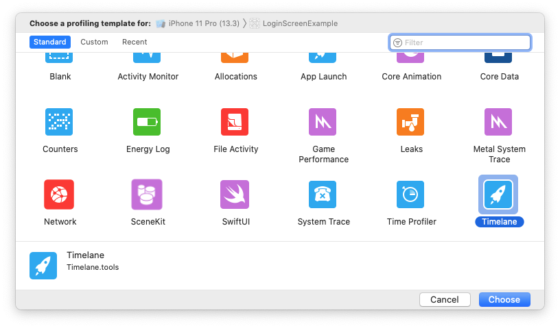 Instruments' template selection window