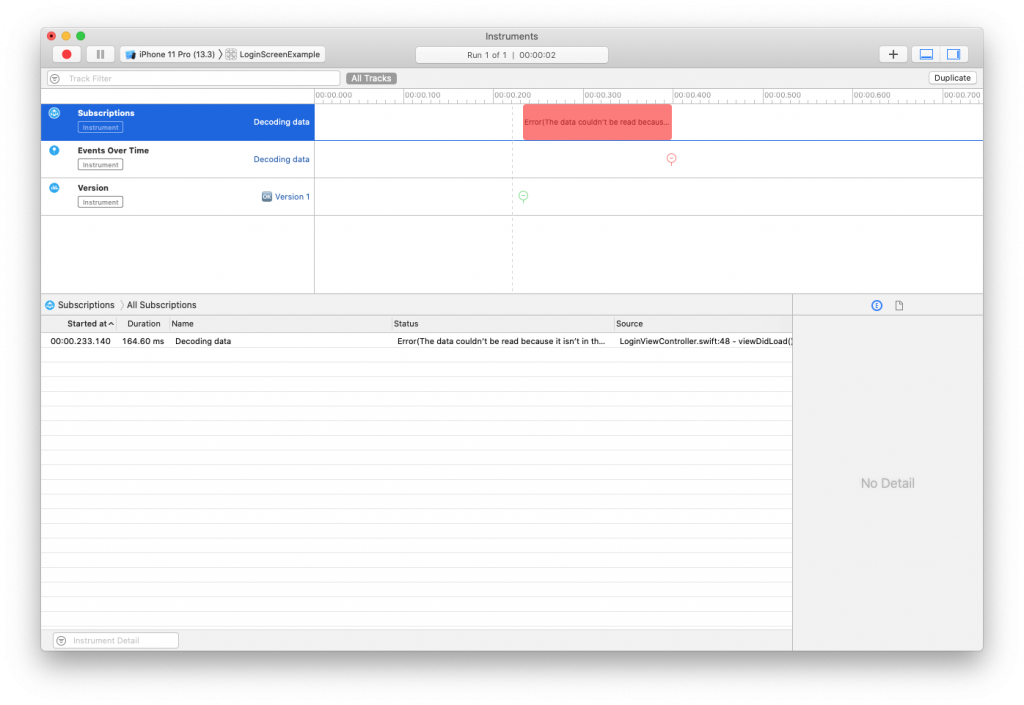 Example of a single, simple Timelane log