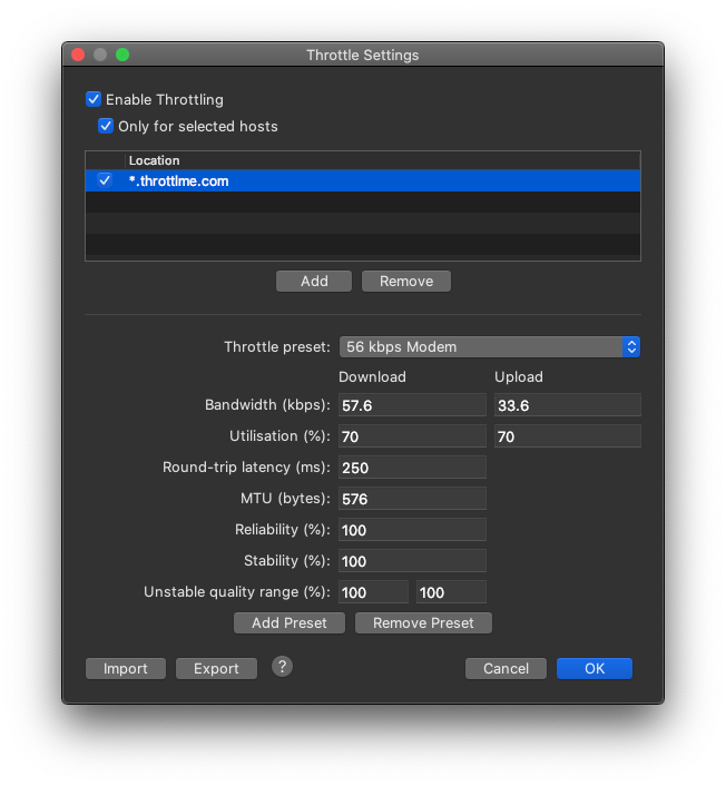 Throttle Settings window