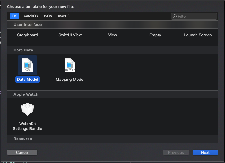 New file picker for Core Data model