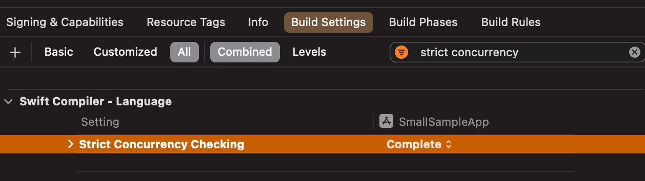 Screenshot of the strict concurrency checking settings