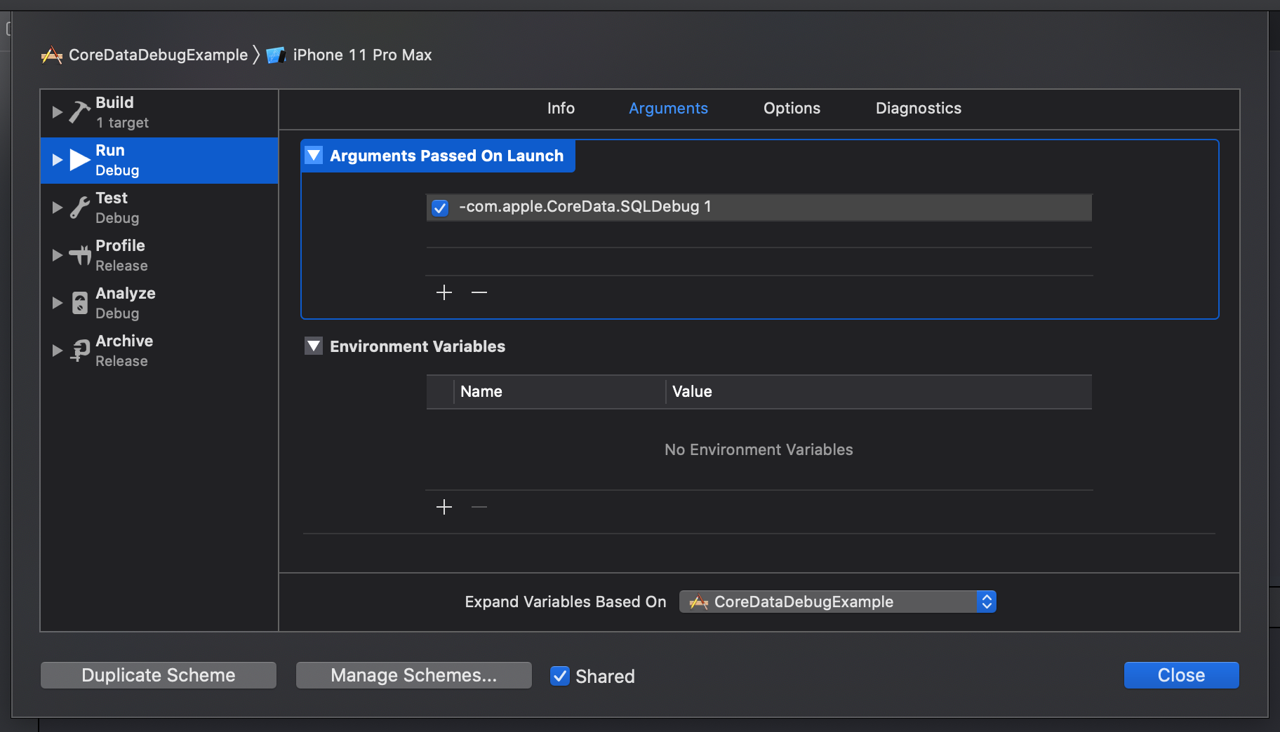 Screenshot of Core Data debug flags in scheme editor