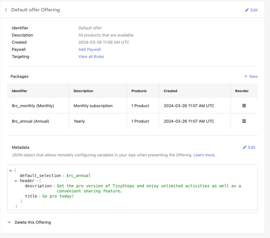 A fully set up offer with metadata