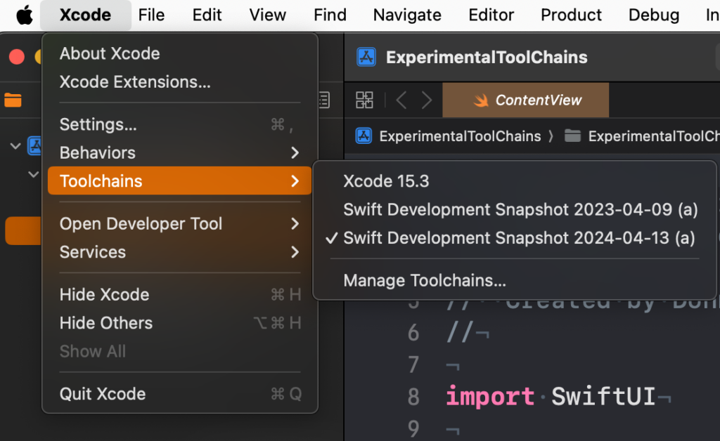 Xcode menu expanded with toolchain menu item selected