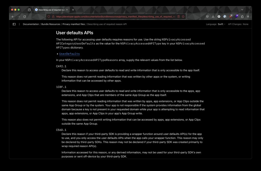 A screenshot of Apple's documentation for UserDefaults required reasons.