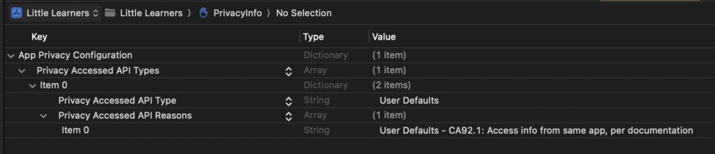 A screenshot of the privacy manifest file