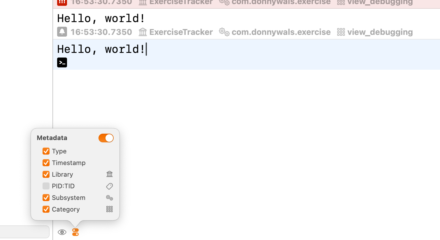 The metadata menu in Xcode's console area